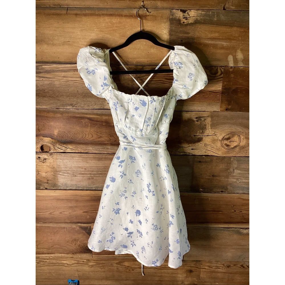 Jack Wills Tie Back Garden Dress Blue Floral Linen Blend Puff Sleeve Short Sz10